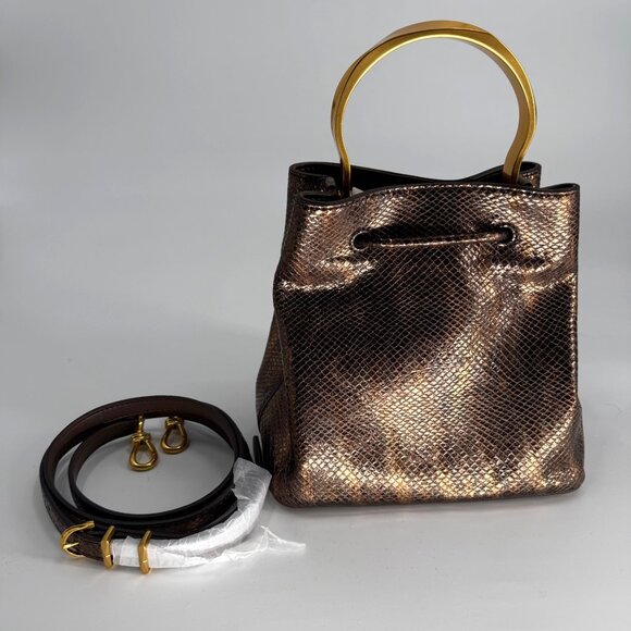 Donna Karan Drawstring Bucket Bag With Metallic Snake Print Leather - Picture 16 of 16